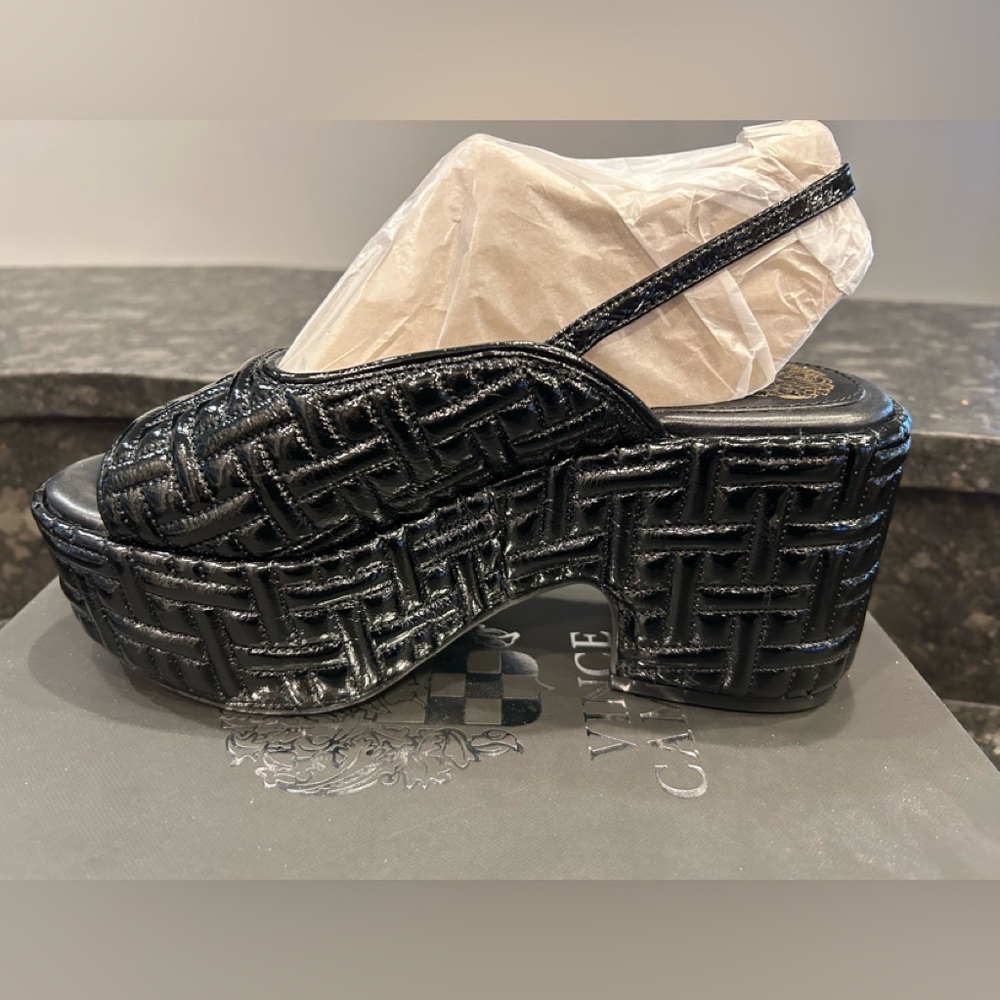 Vince Camuto Black Patent Leather Geometric Quilted Platform Shoes